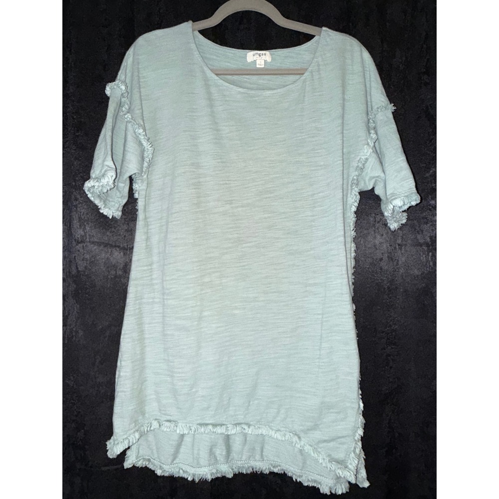 Umgee USA Sage Green Fringed Slub Knit High Low Top B0012 Womens Small